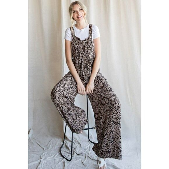 JODIFL Pants - JODIFL Leopard Print Overalls Slouchy Oversized W/ Side Pockets Taupe G4454-1